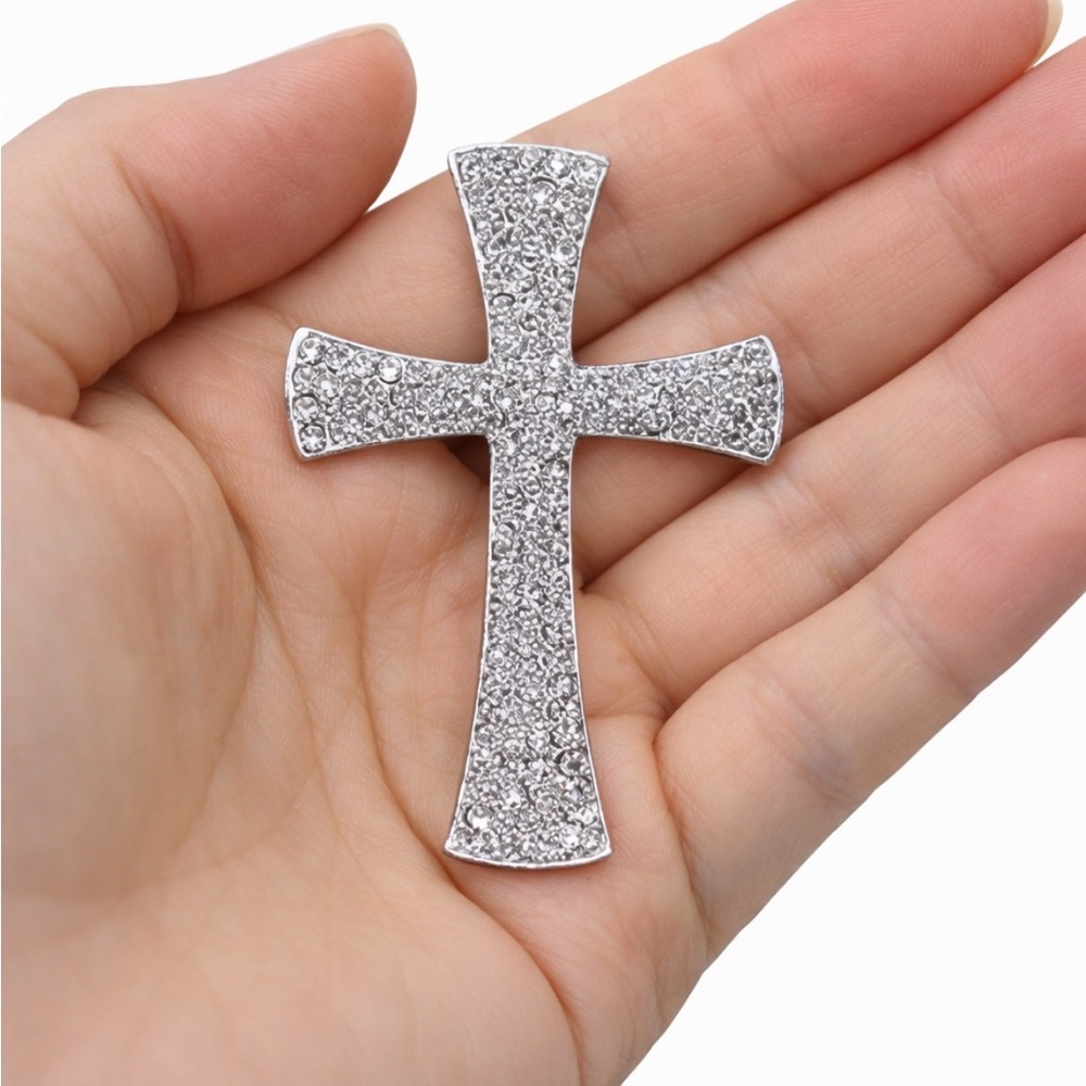 Silver Rhinestone Cross Brooch Vintage Gothic Goth Sparkling Crystal Pin New